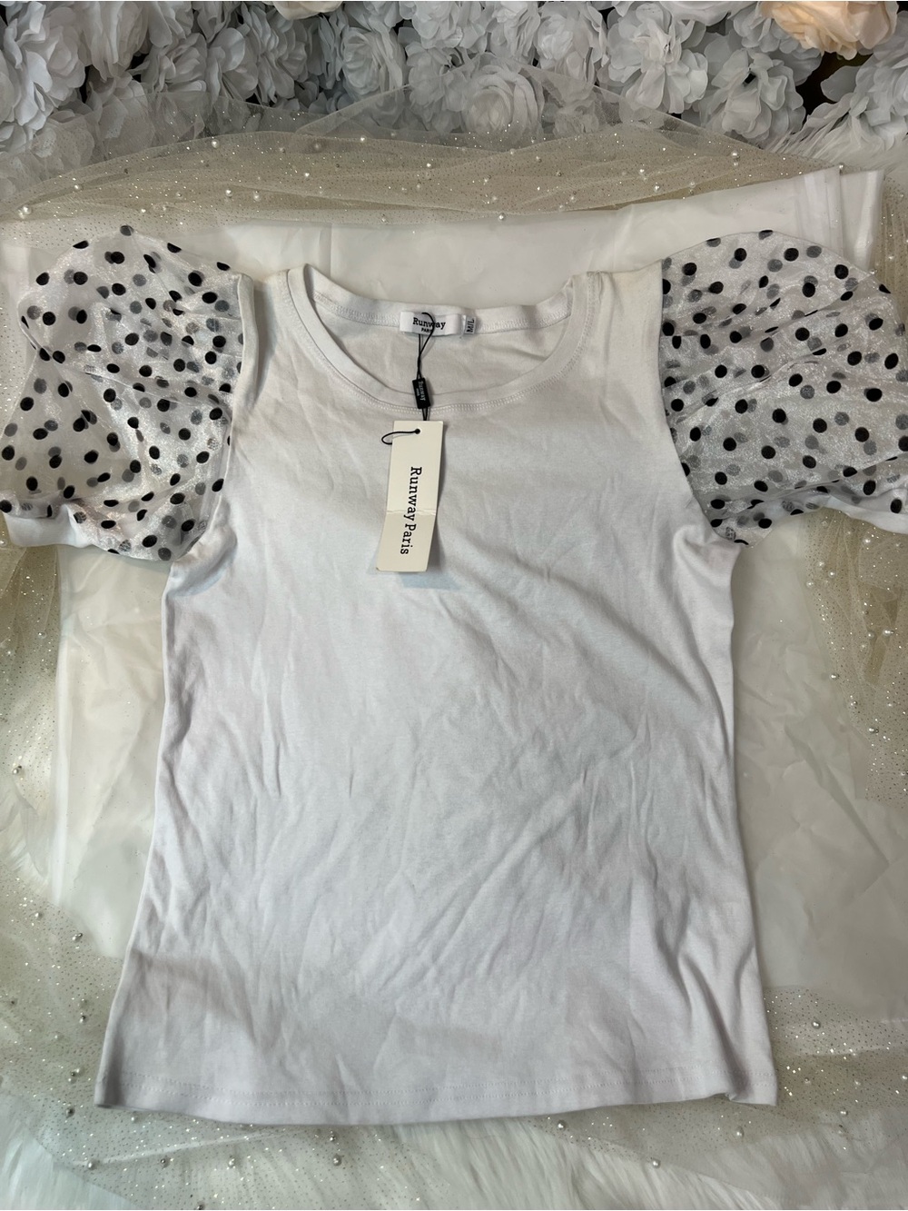 Runway Paris White Short Sleeve Tee with Polka Dot Puff Sleeves